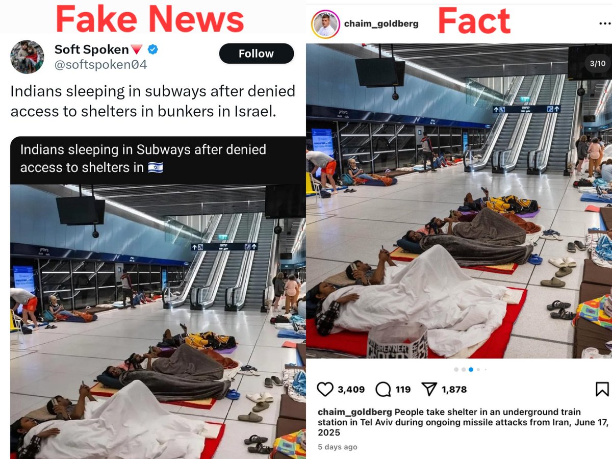 AskAnshul's tweet photo. Hamas supporters are posting a photo, claiming that Indians are sleeping in subways after they were denied access to bunker shelters in Israel. This is fake news.

Fact: This is old photo of people who took shelter in an underground train station in Tel Aviv in 2025. The people include both Indians and Israelis, and the underground train station itself is used as a shelter during emergencies.

Beware of propaganda by Hamas supporters. Share this!