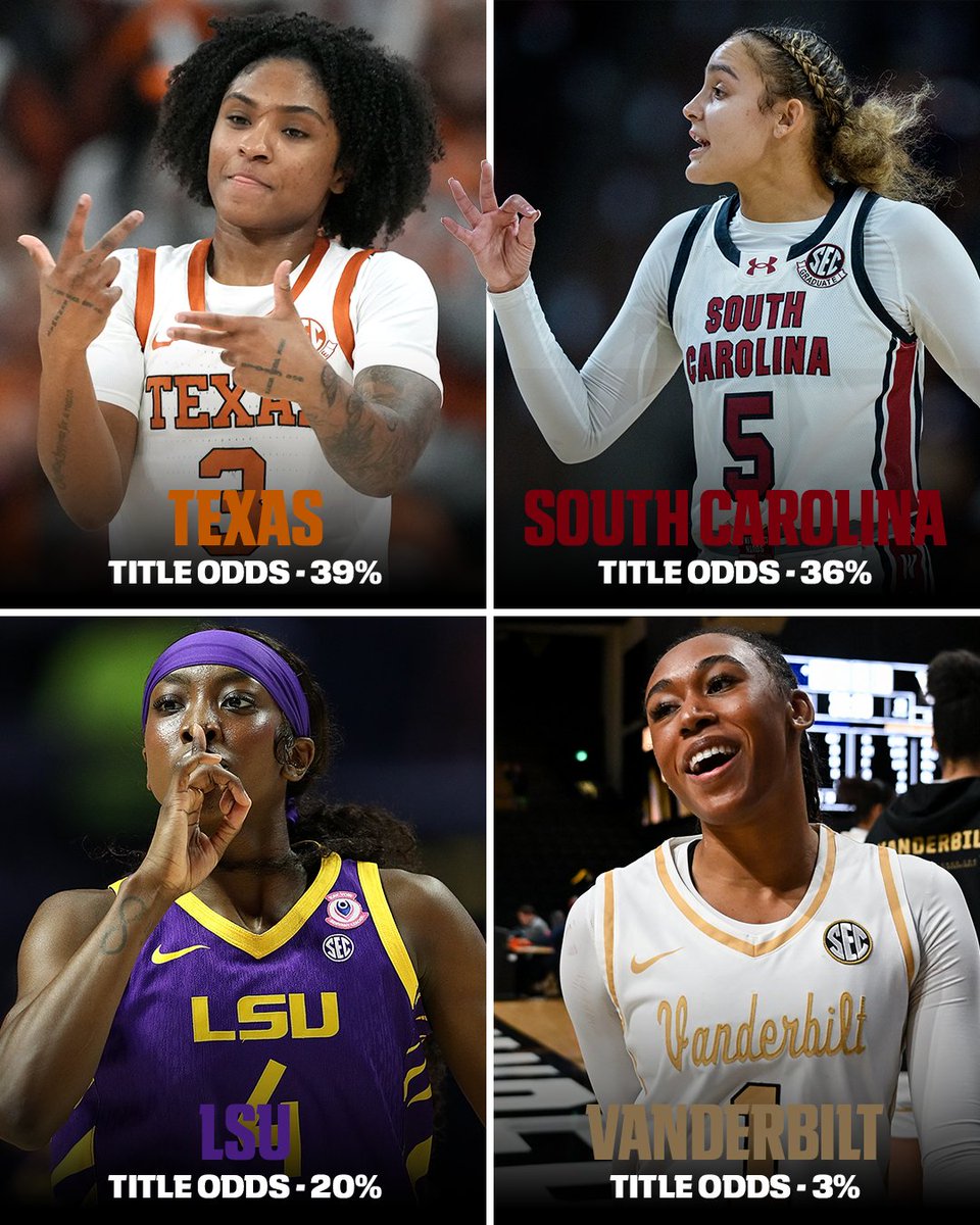 ESPNInsights's tweet photo. The SEC women's basketball tourney tips off today 🍿

South Carolina earned the No. 1 seed after winning its 8th outright SEC title under Dawn Staley, but Texas enters the tournament with the best odds to win it.

Meanwhile, LSU leads the SEC in points, rebounds, 3PT% and overall Net Rating.