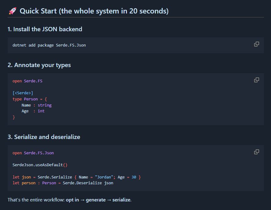 jordan_n_marr's tweet photo. Serde.FS.Json brings serde-style, compile-time JSON source generation to F#: 
explicit types, deterministic codegen, zero reflection.

https://t.co/juFot3VRw9
#fsharp #dotnet #serde #rustlang #aot https://t.co/27vrqgiJQd