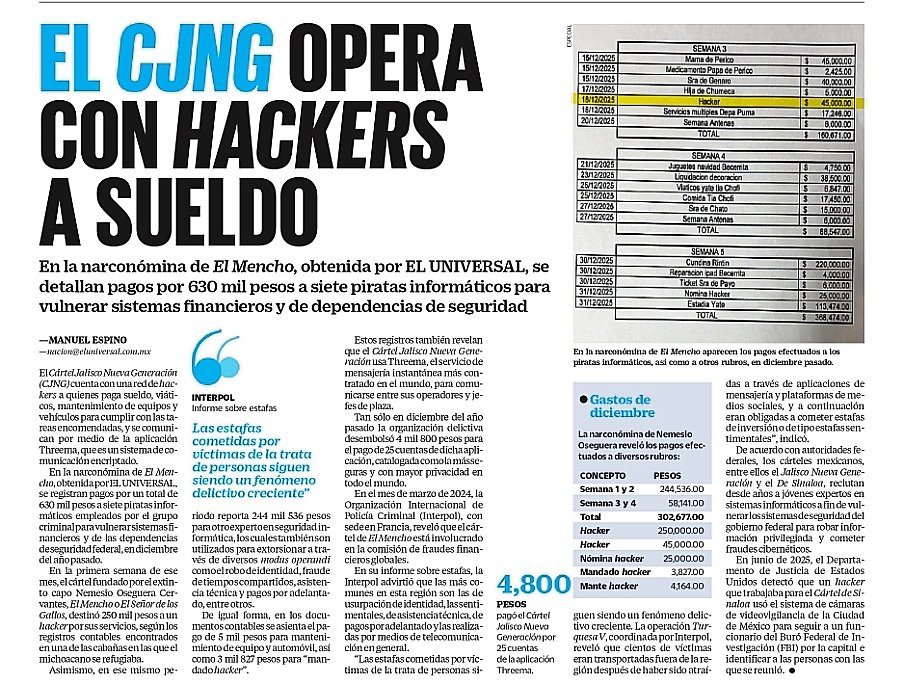 rleon_mx's tweet photo. En la narconómina de El Mencho, obtenida por EL UNIVERSAL, se registran pagos por un total de 630 mil pesos a siete ciberdelincuentes empleados por el grupo criminal para vulnerar sistemas financieros y de las dependencias de seguridad federal.
https://t.co/L3A8ocWnjl https://t.co/xLG42Uo4Ql