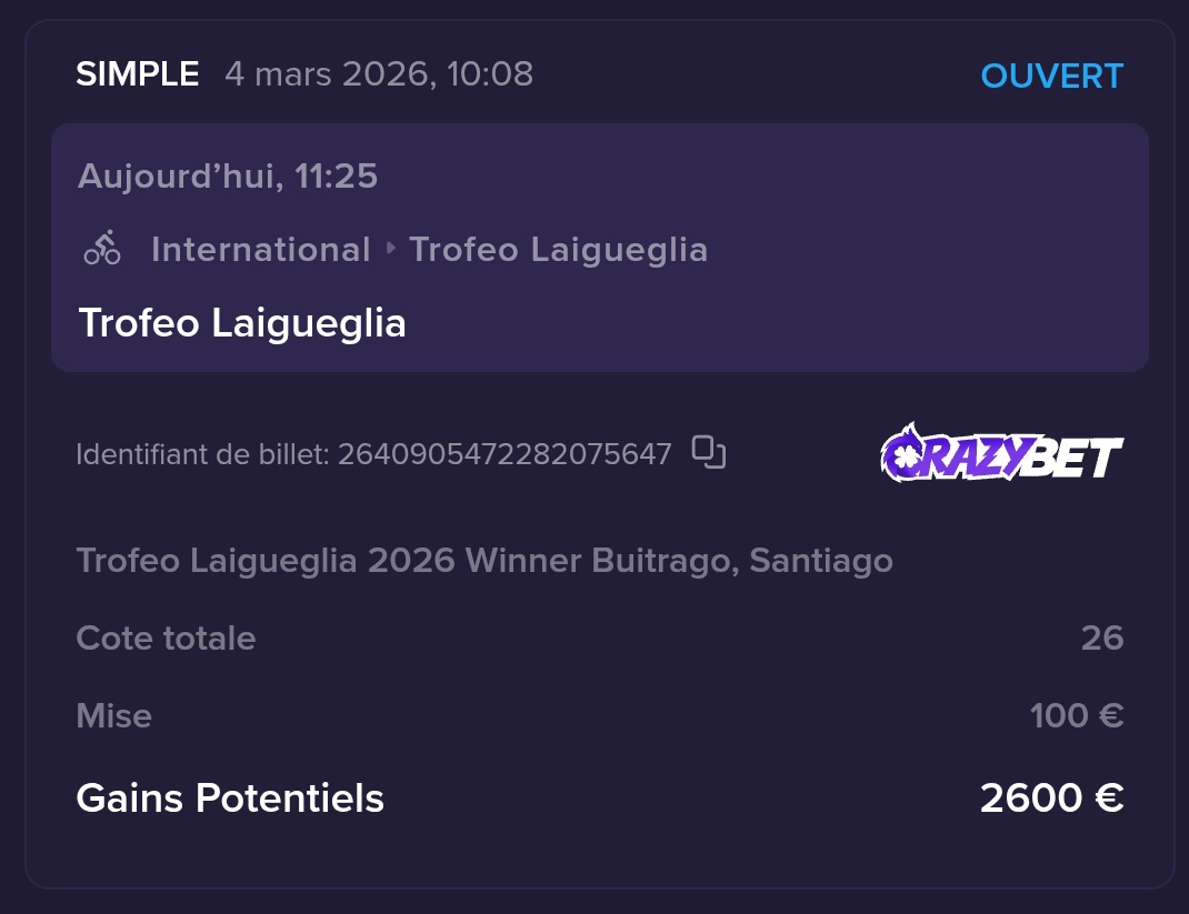 Thomas_Cycling's tweet photo. 🇨🇴 BUITRAGO @ 26 - 0.25u ✅
🇮🇹 TIBERI T3 @ 2.22 - 2u ✅
🇨🇴 Buitrago > Gaudu  @ 1.83 - 2u ✅

+9.2% BK au minimum en attendant le H2H de Gualdi #TeamParieur

Gros GG à tous c'est tous ensemble, ça fait plaisir  🫡

Explosez moi les notifs !

On se retrouve ce week-end pour les Strade Blanche & Paris-Nice avec d'énormes surprises 😉

Profitez bien de vos gains d'ici là !