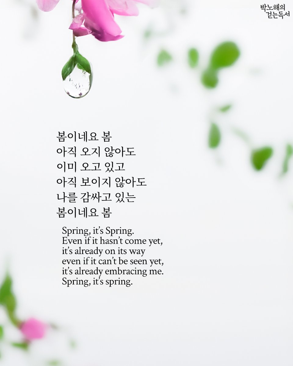 parknohae's tweet photo. 봄이네요 봄 
아직 오지 않아도 
이미 오고 있고
아직 보이지 않아도 
나를 감싸고 있는 
봄이네요 봄

- 글/사진 박노해 

Spring, it's Spring.
Even if it hasn't come yet, 
it's already on its way
even if it can't be seen yet, 
it's already embracing me.
Spring, it's spring.

- Texts and photos by Park Nohae