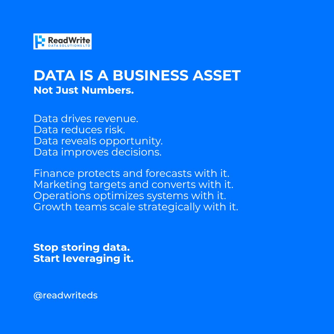ReadWriteDS's tweet photo. DATA IS A BUSINESS ASSET, NOT JUST NUMBERS
Finance, Marketing, Operations, Growth, Health data drives decisions, reduces risk, and uncovers opportunities.
Stop storing data. Start leveraging it.
#ReadwriteDS #FMNG #HealthTech #DataDriven #BusinessGrowth #GrowthLeadership https://t.co/HhIGMgguLq