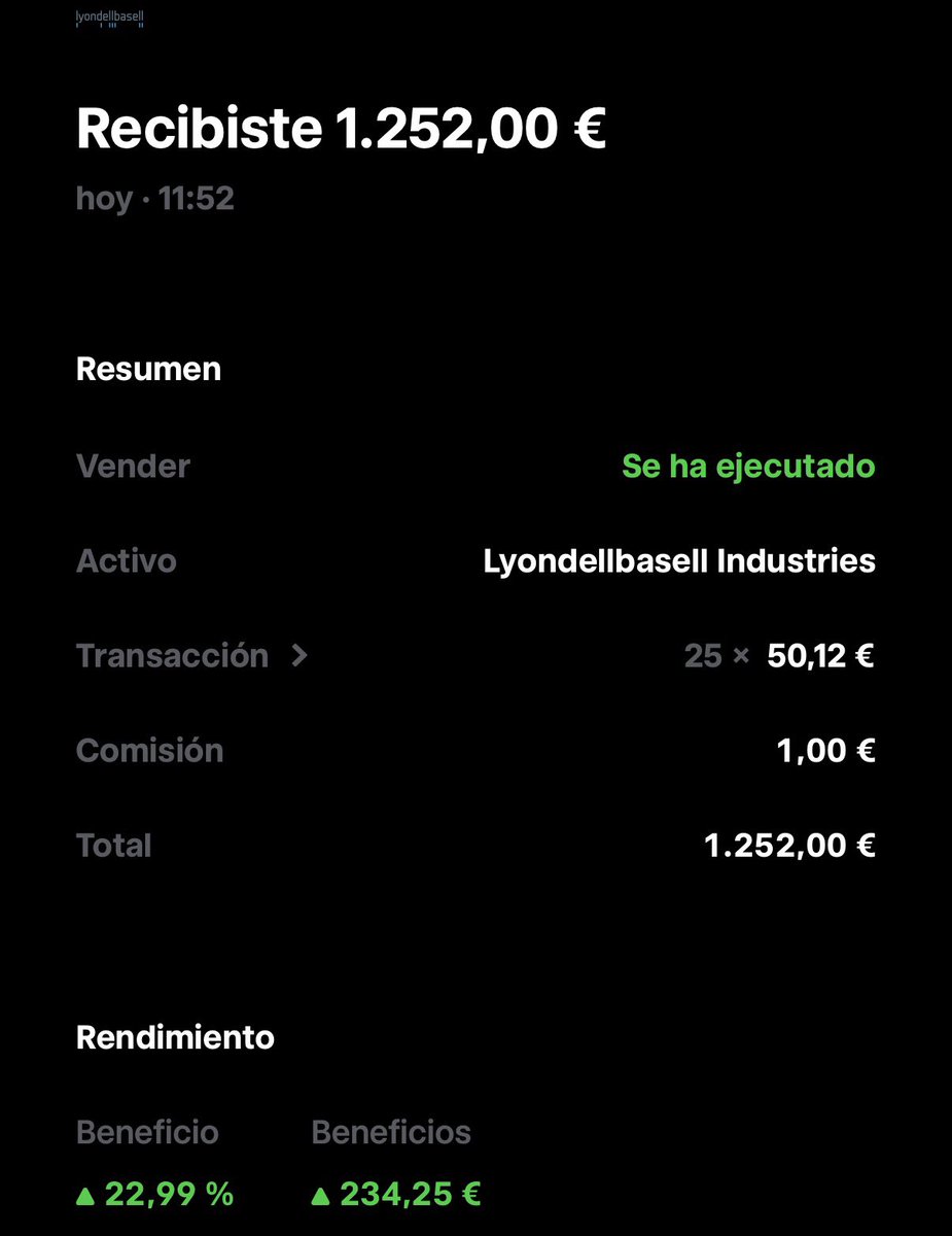 AB_StartInvest's tweet photo. Venta hoy +23% en #LYB lastima haber entrado tarde en #oro y veremos qué tal se comporta #MDB https://t.co/7OUga2YtXC