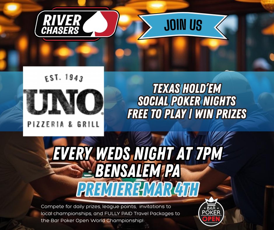 Riverchasers's tweet photo. **NEW VENUE ANNOUNCEMENT**
UNO CHICAGO GRILL - BENSALEM PA
PREMIERE 3/4/26 - 7PM START
#freepoker #socialpoker #riverchasers #barpokeropen #unopizzeria #unopoker https://t.co/bLdbalIDjC