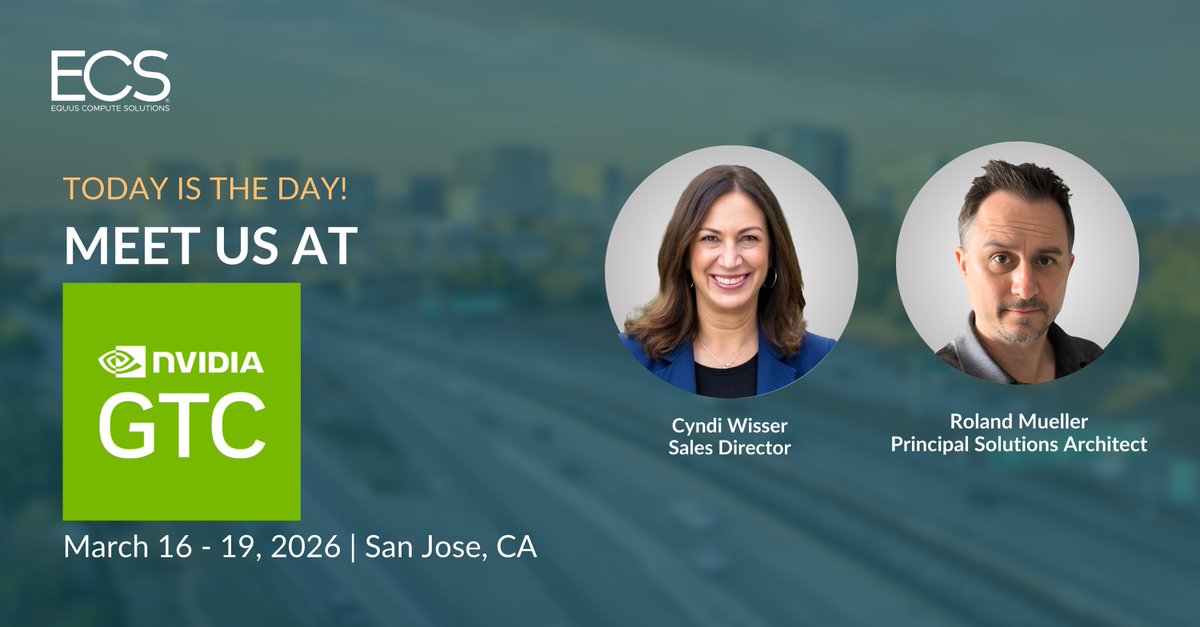 EquusCS's tweet photo. Heading to #NVIDIAGTC?

Roland Mueller and Cynthia Wisser from ECS will be in San Jose all week connecting with teams building high-density GPU environments.

From architecture to production, ECS helps organisations deploy AI infrastructure with confidence.

#AICompute #HPC #GTC https://t.co/szSxyE96EA