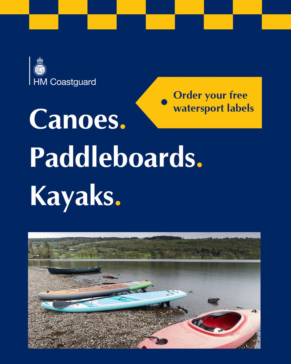 A shoreline with a green canoe, two paddleboards, and a red kayak pulled up on the water’s edge. The yellow and navy graphic encourages people to label their watersport equipment.