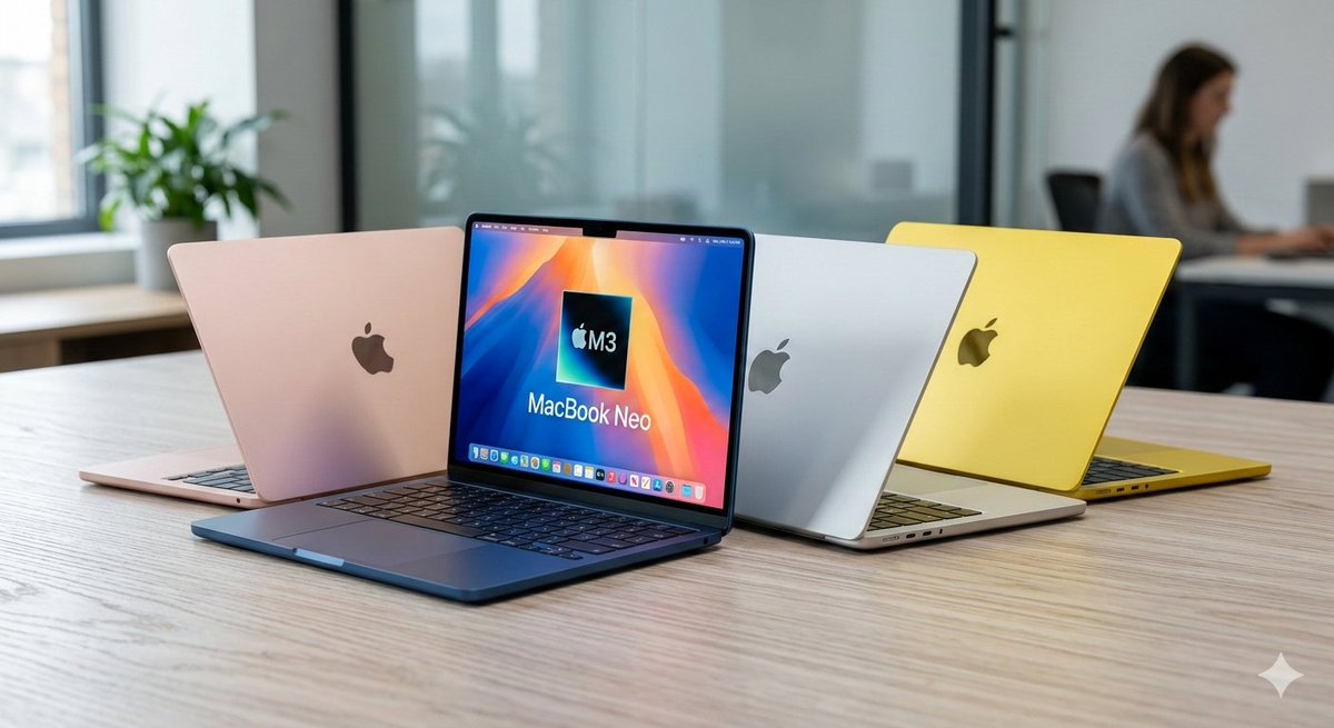 MousamJackker's tweet photo. MacBook Neo (2026) is official! 🍎 Here’s the breakdown:
🔹 Chip: A18 Pro (iPhone-class power)
🔹 Display: 13" Liquid Retina
🔹 Battery: 16 hours 🔋
🔹 Colors: Blush, Indigo, Silver, Citrus
🔹 Price: From $599 / ₹69,900
RIP budget Windows laptops? 💀 #AppleEvent #MACBOOKNEO https://t.co/vj1WJf5ZX7
