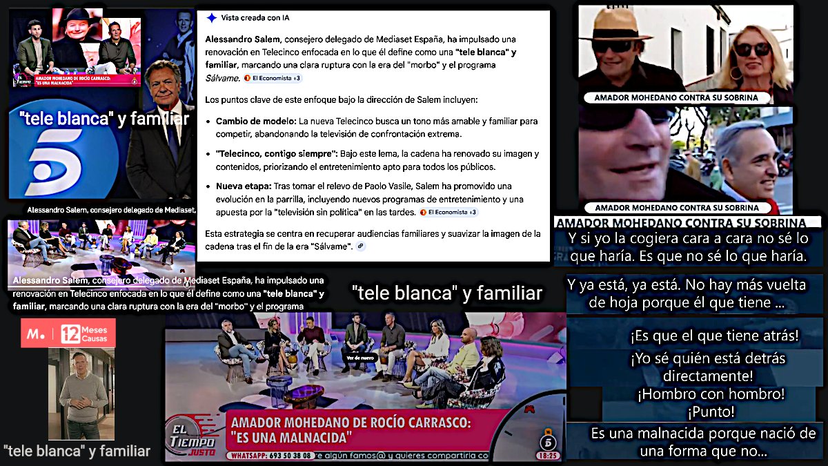 Alessandro Salem,ha impulsado una renovación enT5 lo que él define como una ¿tele blanca?y familiar
Amador M de #RocíoCarrasco Mohedano:¨es una malnacida¨
"Parece una amenaza""si yo la cogiera cara a cara no sé lo que haría"."Es que no sé lo que haría" 
#MareaFucsia #APOYOROCIO4M