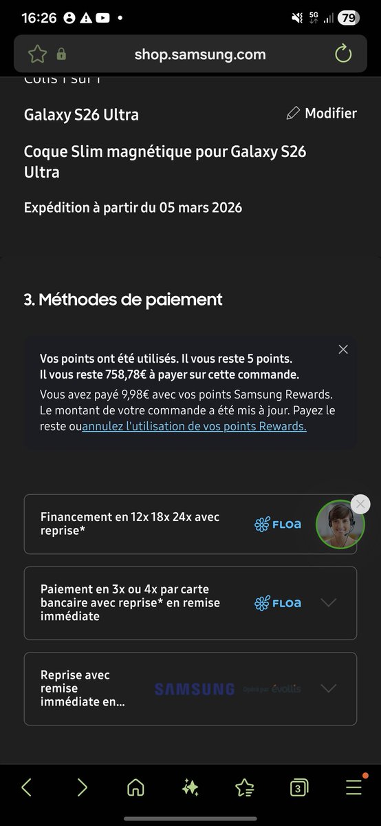 Bonjour <a href="/SamsungFR/">Samsung FR</a>  ,
j’ai reçu un mail m’informant d’un bonus de 100 euros de reprise si on paie via paypal.

Mais au moment de payer l’option n’apparait pas ?