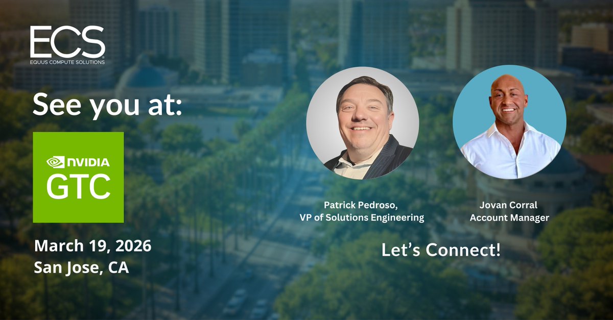 EquusCS's tweet photo. ECS is heading to NVIDIA GTC 2026.

Patrick Pedroso and Jovan Corral will be in San Jose discussing purpose-built GPU infrastructure for AI and HPC workloads.

Evaluating scalable AI deployments? Let’s connect.

March 19 | San Jose, CA

#NVIDIAGTC #AIInfrastructure #GPUCompute https://t.co/clA6uZeL8b