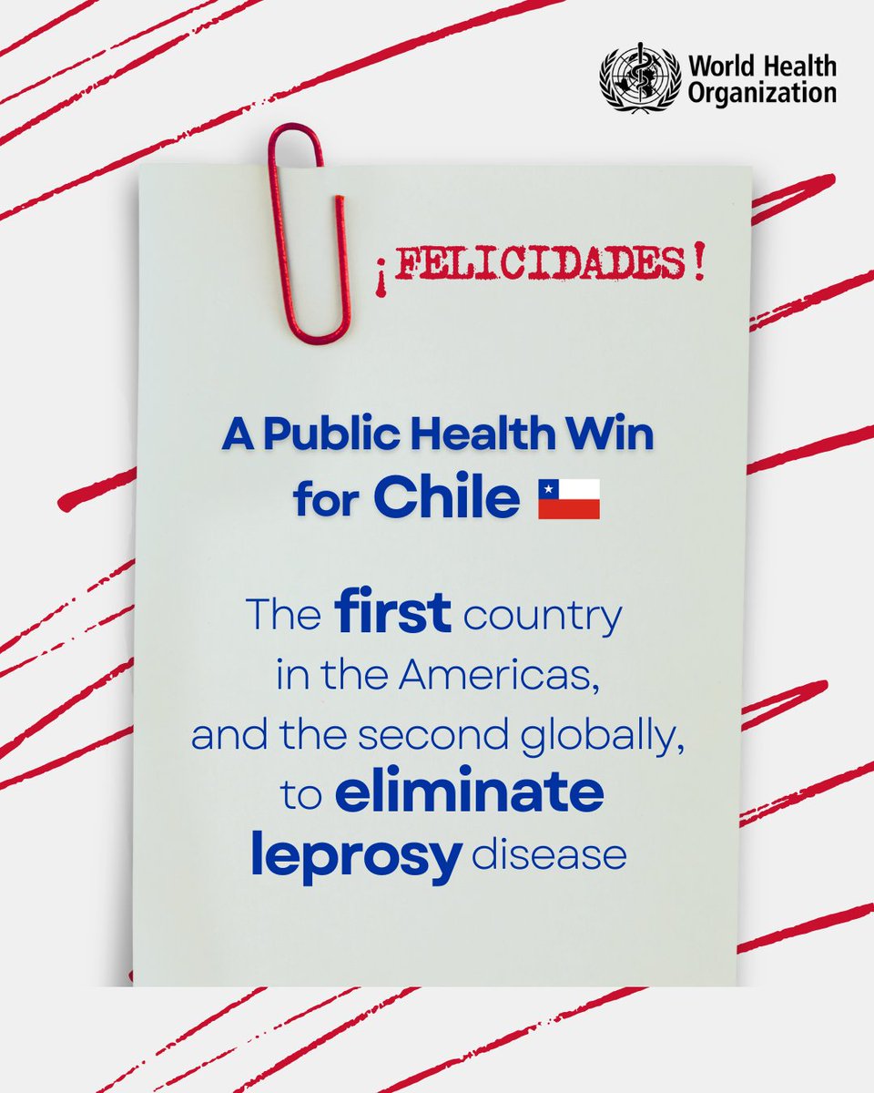 ¡Felicidades!

Congratulations, #Chile for becoming the first country in the Americas, and the second globally, to eliminate #leprosy disease.

A true milestone for public health! And a testament to what leadership, science, and solidarity can accomplish.

Read more