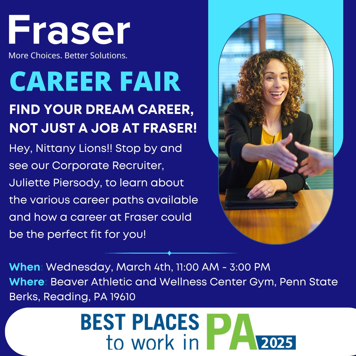 We’re at Penn State Berks today for the Career Fair! 🎓

Stop by the Fraser Advanced Information Systems table to learn about careers in IT, cybersecurity, and technology solutions.

We’d love to meet the next generation of tech professionals.

#CareersInTech #whyFraser