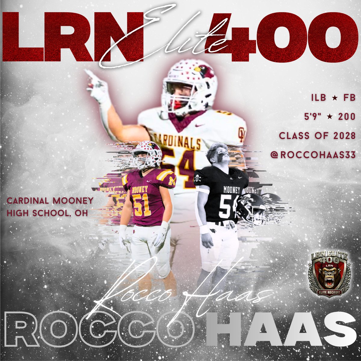 🚨 Welcome to the LRN Elite 400 🚨

2028 ILB / FB Rocco Haas
📍 Cardinal Mooney HS (OH)
📏 5'9" | 200 lbs

Physical two-way player with a high motor and toughness at the point of attack. Strong presence on defense and brings physicality to the offensive side of the ball as well.