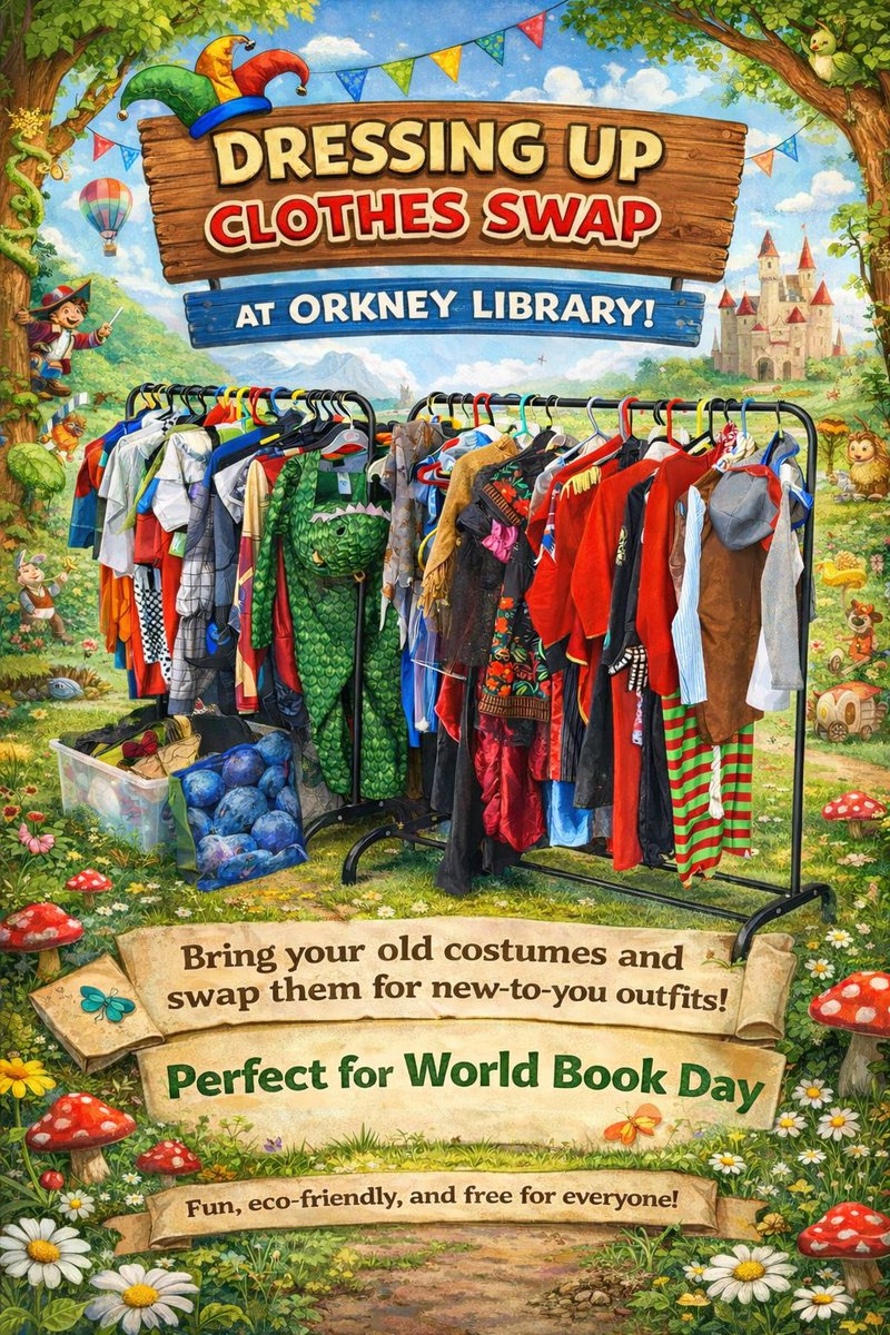 OrkneyLibrary's tweet photo. Tomorrow is #WorldBookDay so don't forget that if you need any last minute dressing up clothes we have loads on our rails at Orkney Library! 🦸🧙‍♂️🧚🧌

It's all FREE and you don't need to bring anything to swap - just take what you need and return whenever you want. #LoveLibraries https://t.co/n7yllV1BXc