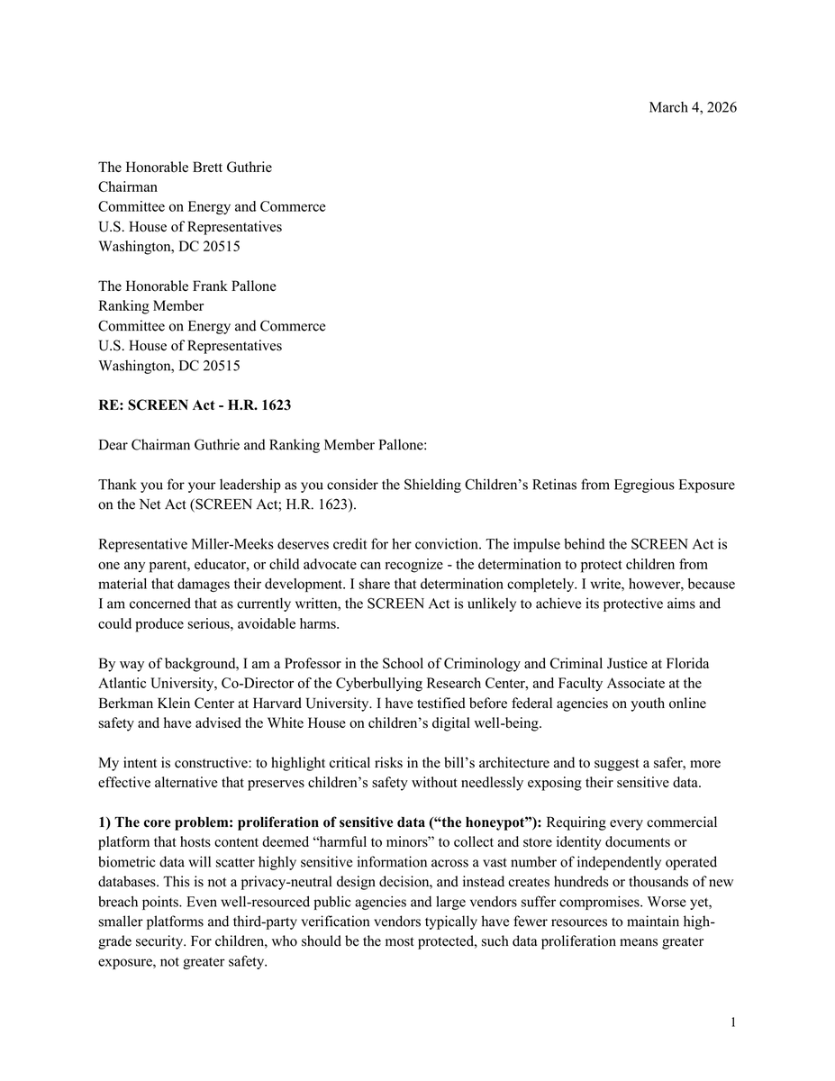hinduja's tweet photo. Parents are already drowning in hundreds of app-by-app safety settings. The SCREEN Act would recreate that mess, and also scatter kids’ sensitive data across honeypots. We need device-level age verification instead. My letter explains why.  @HouseCommerce  @EnergyCommerce https://t.co/0h4aOfGcSw