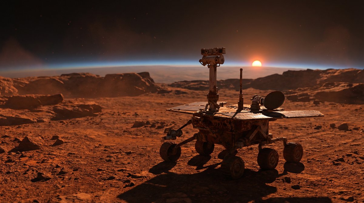 PromptSin's tweet photo. This well loved retired Mars rover stuck around just for that perfect red sunset 🪐🌅 
Drop a like or reply with your favorite quiet spot to hang
#MarsRoverVibes #RedDusk https://t.co/PSwYVbrQkf