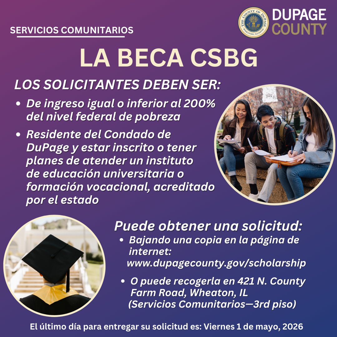 DuPageCountyCS's tweet image. 🎓 Need help paying for college or trade school? Apply for the 2026 Community Services Block Grant Scholarship!
📅 Deadline: 4:30 pm on May 1, 2026
🔗 Details: dupagecounty.gov/scholarship

#CommunityServices #scholarship #CSBG #DuPageCounty