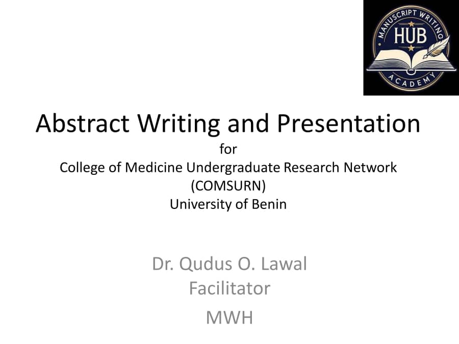 comsurn_benin's tweet photo. Research Bootcamp – Session 11

On February 27th 2026, COMSURN, University of Benin, held a workshop on Abstract Writing &amp; Scientific Presentation facilitated by Dr. Qudus Lawal.

Abstract is your scientific elevator pitch. 

Watch: https://t.co/imXiOHLUjd

#AbstractWriting https://t.co/vnLnUgxELz