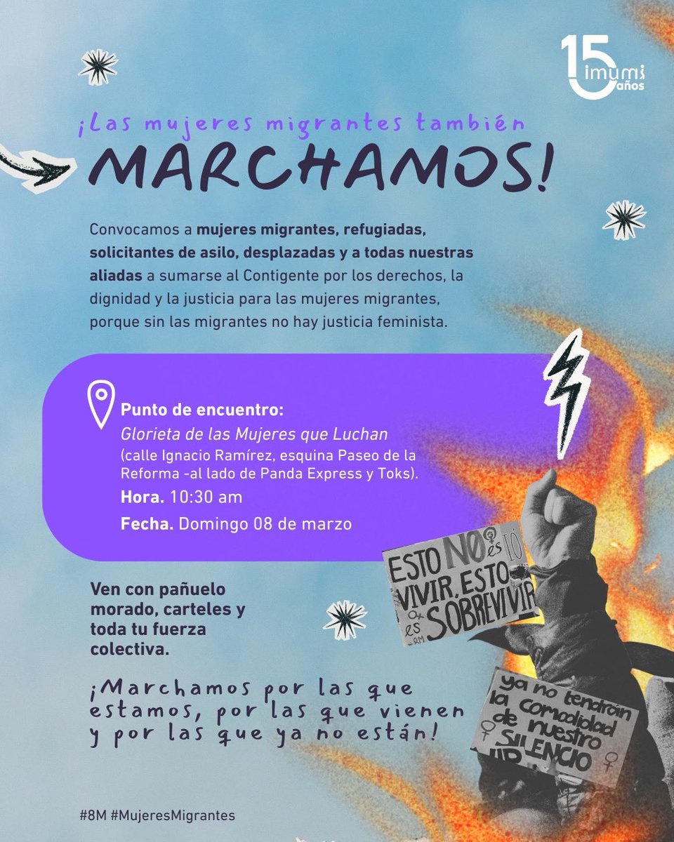 IMUMIDF's tweet photo. #MujeresMigrantes #8MMigrante
📢 Convocamos a #mujeresmigrantes, #refugiadas, #solicitantesdeasilo, #desplazadas y a todas nuestras aliadas a sumarse al Contigente por los derechos, la dignidad y la justicia para las mujeres migrantes, porque sin las migrantes no hay justicia feminista.
📅 domingo 08 marzo
🕤 10:30 am (ajuste hora)
📍 Glorieta de Las Mujeres que Luchan (calle Ignacio Ramírez esquina Paseo de la Refoma)
✨ ¡Ven con pañuelo morado, carteles y toda tu fuerza colectiva! ✨
