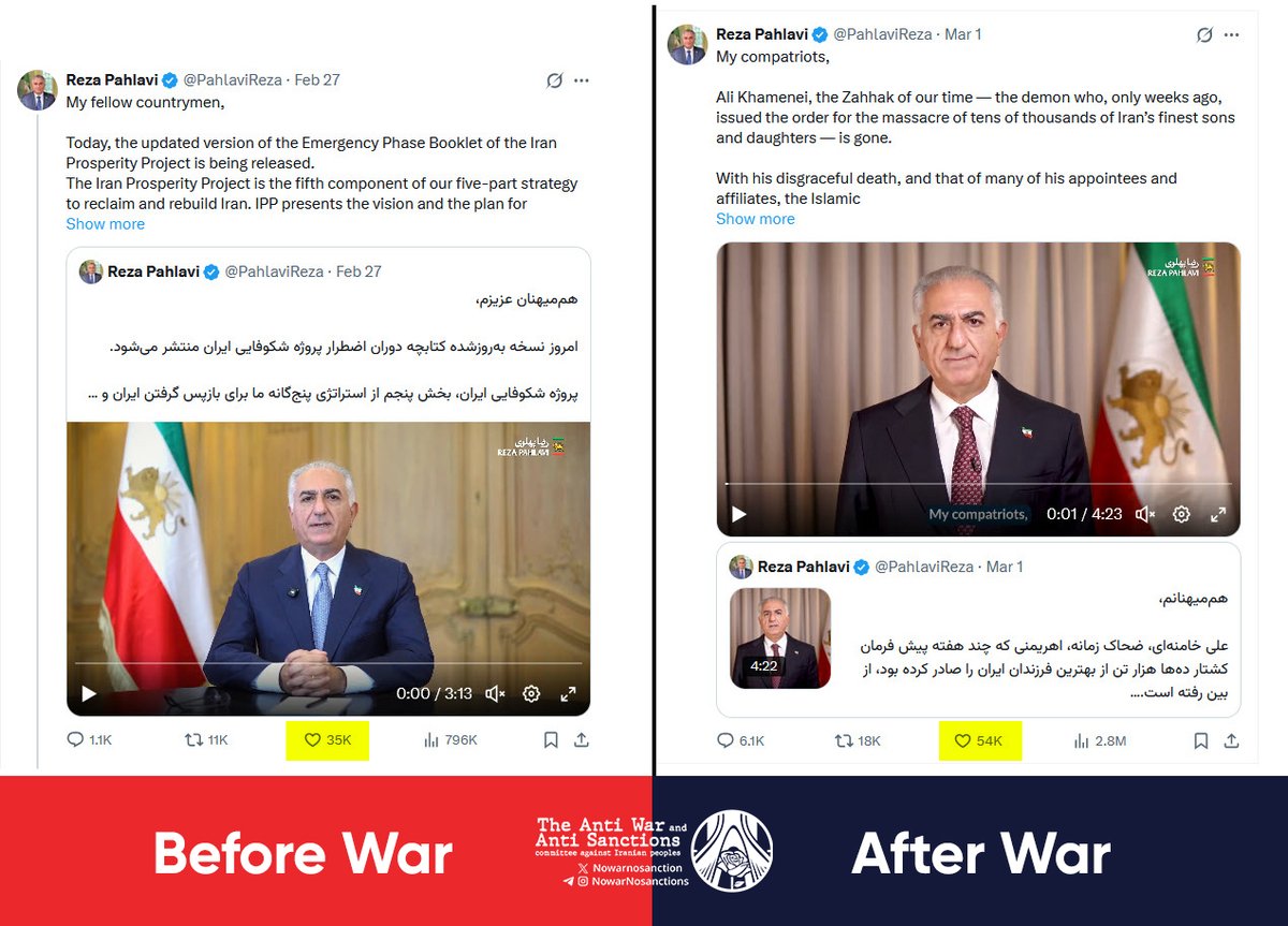 Nowarnosanction's tweet photo. Prince of Persia ❌
King of Bots ✅
#US & #Israel attack #Iran, full internet blackout nationwide—yet #RezaPahlavi's post likes & reactions aren't dropping... they're skyrocketing!
#JavidShah or #botarmy?
@PahlaviReza https://t.co/4otqK2mXJZ