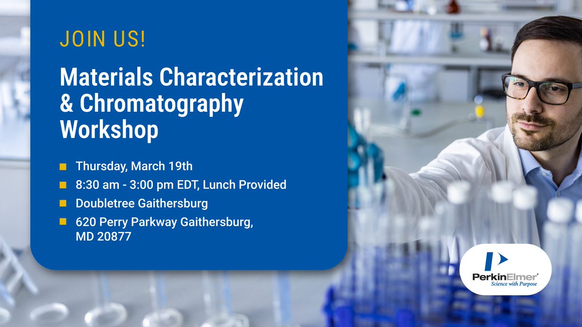 PerkinElmer's tweet image. Join us on March 19th at the Doubletree in Gaithersburg, MD for our Materials Characterization &amp;amp; Chromatography Workshop. Check out the agenda below to see what you can learn! 
hubs.la/Q043rX4h0

#labefficiency #datadrivendecisions #Innovation #PerkinElmer