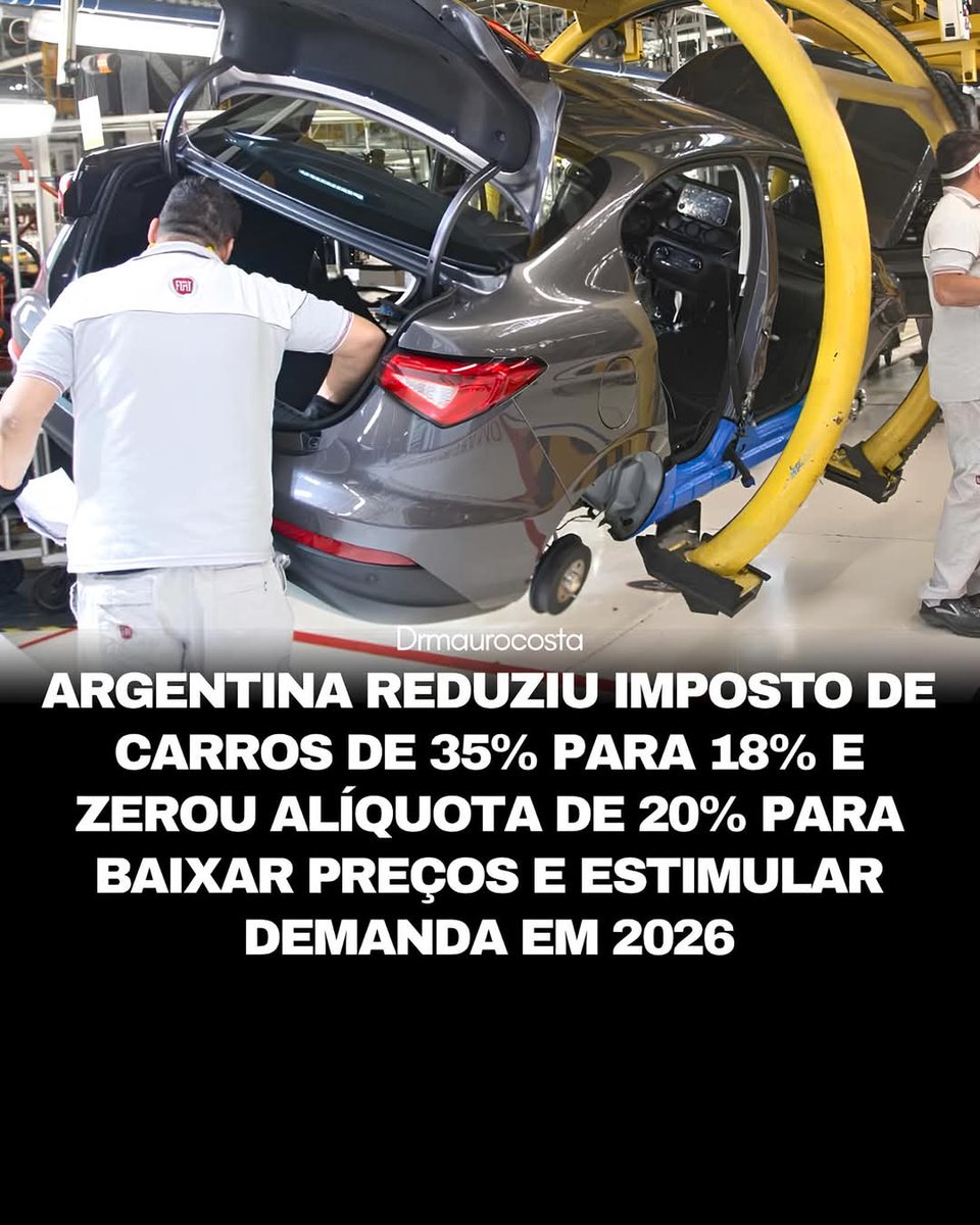 O ministro da Economia da Argentina, Luis Caputo, anunciou que o governo eliminou e reduziu impostos sobre carros e motos a partir de fevereiro de 2026, com o objetivo de estimular o mercado interno. 

A medida foi divulgada e integra a estratégia oficial de reativação do consumo