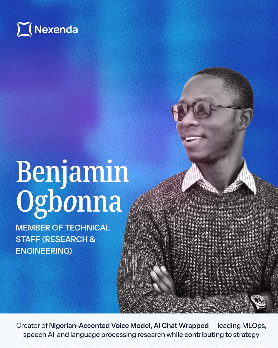 nexendahq's tweet photo. From creating Nigeria’s first Accented TTS model to open-sourcing speech datasets for Hausa, Igbo, and Yoruba, @benjamin_kachi is driving the frontier of language processing at Nexenda...

Read full spotlight: https://t.co/aBCq2on3Av

#AISafety #FrontierAI #AfricaTech #SafeAGI https://t.co/vZroUlDtqd