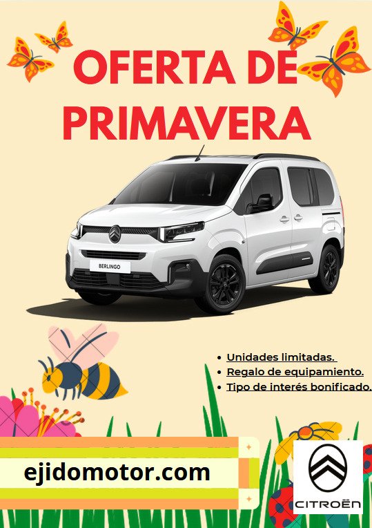 EjidoMotor's tweet photo. 📢OFERTA DE PRIMAVERA🌷 EN BERLINGO‼️
📝Disponemos de una serie limitada de Citroën Berlingo, con regalo🎁 de equipamiento y posibilidad de financiar a un tipo de interés del *4.99%.🤏🏻⚠️
*Financiando con STELLANTIS FINANCIAL SERVICES. Consulta condiciones.🗓️Hasta 20/03/2026 https://t.co/mOIx7GqZ09