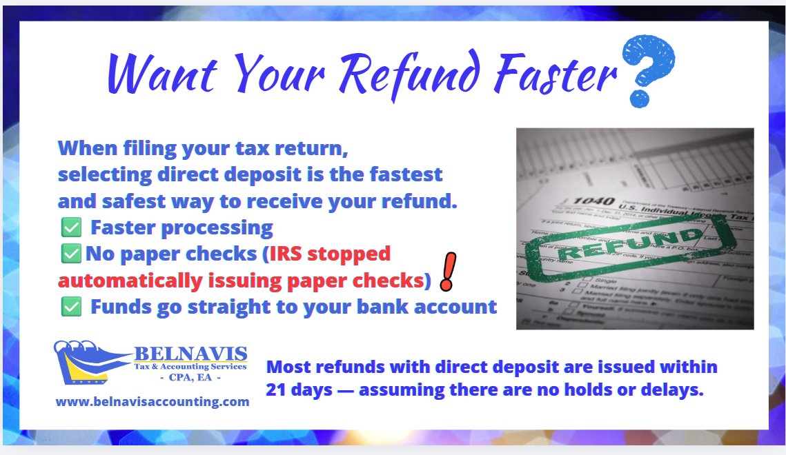 BelnavisCPA's tweet photo. Want Your Tax Refund Faster?
When filing your tax return, choosing direct deposit is the fastest and safest way to receive your refund.

#TaxSeason #TaxRefund #DirectDeposit #FileSmart #BelnavisAccounting #TaxTips #IRSRefund https://t.co/qM74gosQiq