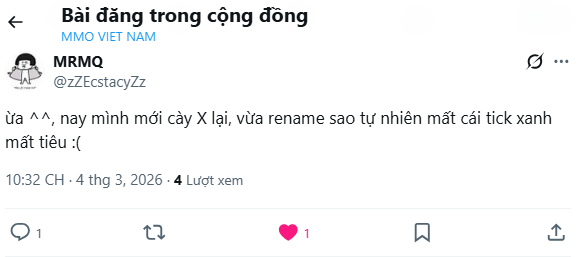Bác này gặp trường hợp giống mình mấy hôm trước.

Các bác chú ý đổi tên, thay đổi ảnh đại diện,... trong một lần thôi nhé!

Mỗi lần thay sẽ bị mất tích xanh và phải team review lại đó!