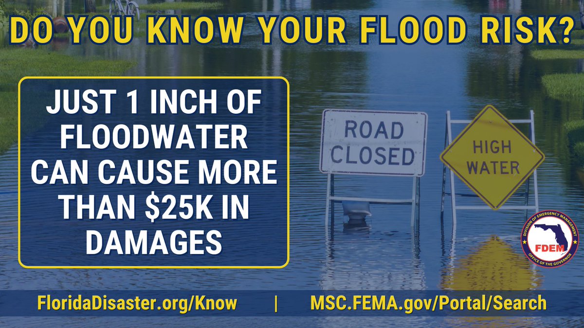 FLSERT's tweet photo. #DYK? Just 1 inch of floodwater can cause more than $25,000 in damage.

🏠 Knowing your home’s flood risk today can help you take smart, proactive steps to protect your loved ones, your property & your peace of mind tomorrow.

Find info on your community’s flood risk! 👇
🔗 Flood Risk Info: https://t.co/QI6w5MGg6c
🔗 Evacuation Zone: https://t.co/NYS64t1Rgg
🔗 Flood Zone: https://t.co/SzNiO4x38f