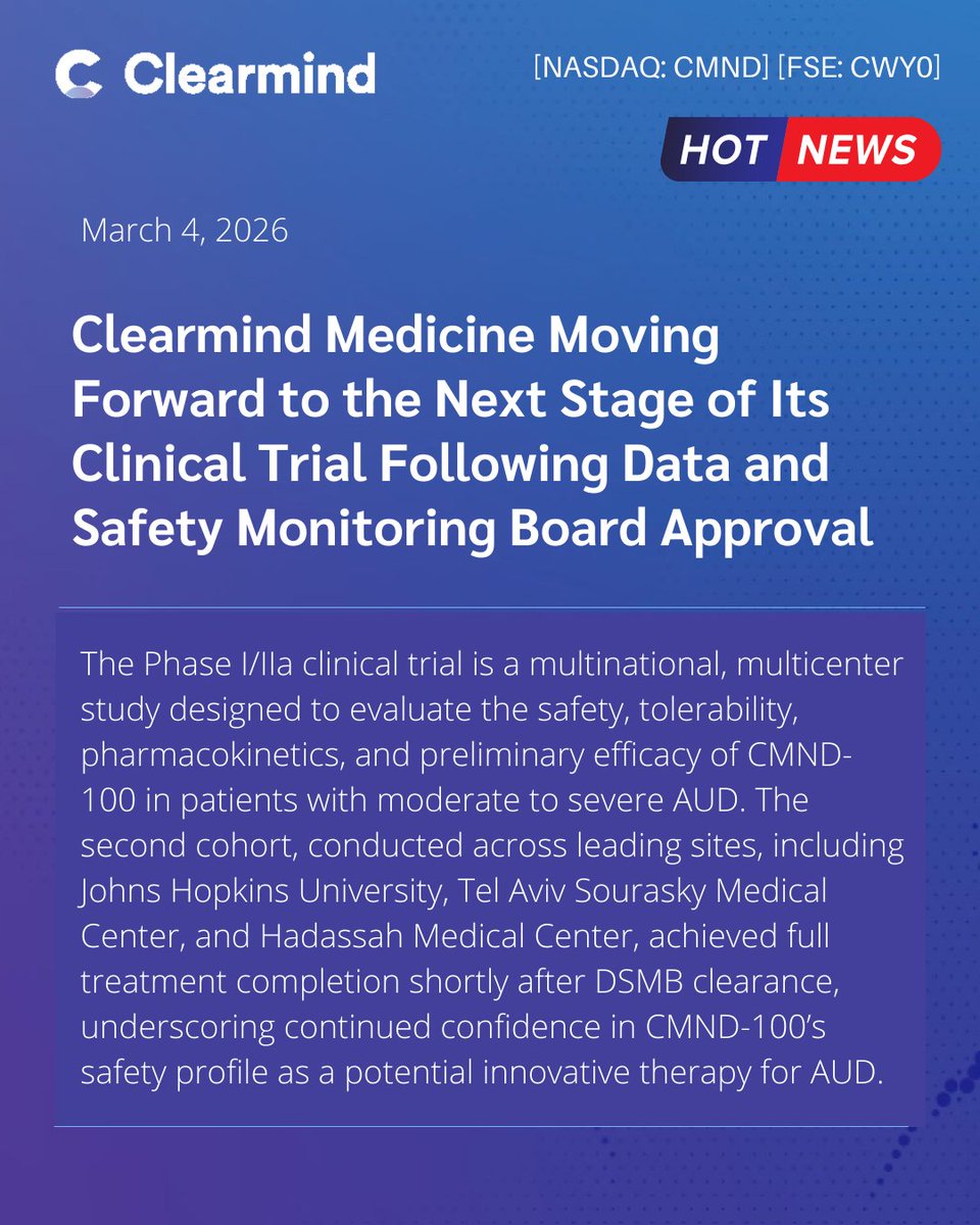 ClearmindCMND's tweet photo. Clearmind Medicine Moving Forward to the Next Stage of Its Clinical Trial Following Data and Safety Monitoring Board Approval
https://t.co/ZekA3rKwaO
#MEAI #CMND #clinicaltrial #DSMB #alcoholusedisorder #innovation #biotechnology #novel $CMND https://t.co/HP31GBTTSM