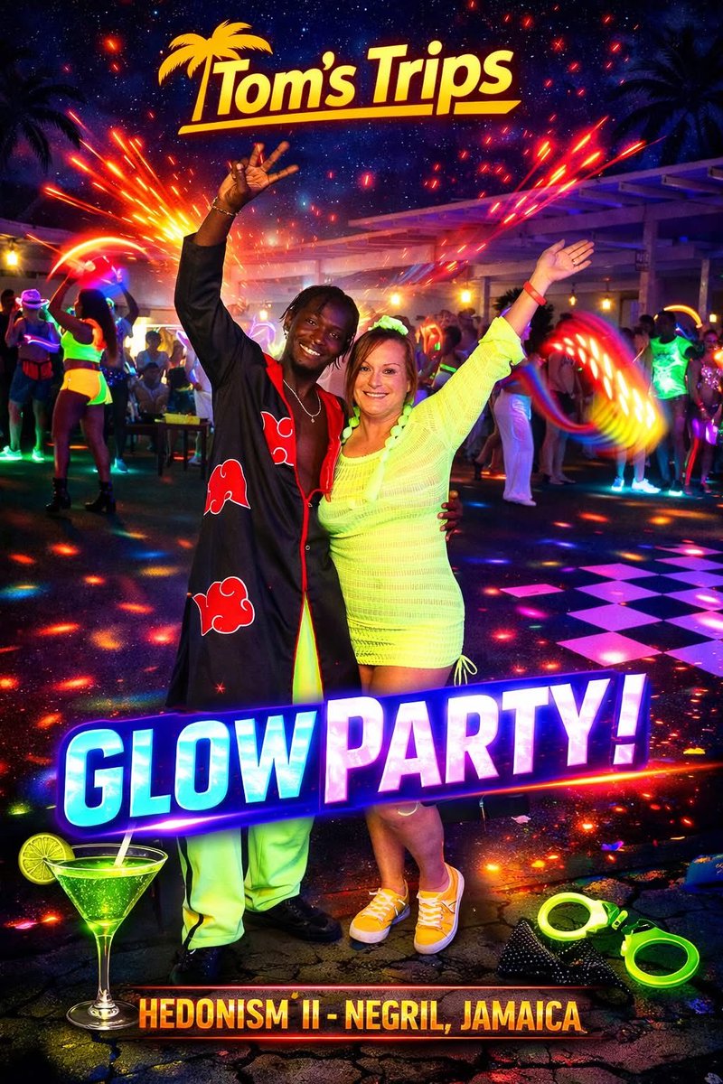 Tom’s Trips lit up the night at our epic Glow Party at Hedonism II in Negril, Jamaica! 🔥 Guests showed up in their brightest neon, the dance floor was glowing, and the energy was absolutely electric. Nights like this are what Tom’s Trips is all about—great people, unforgettable