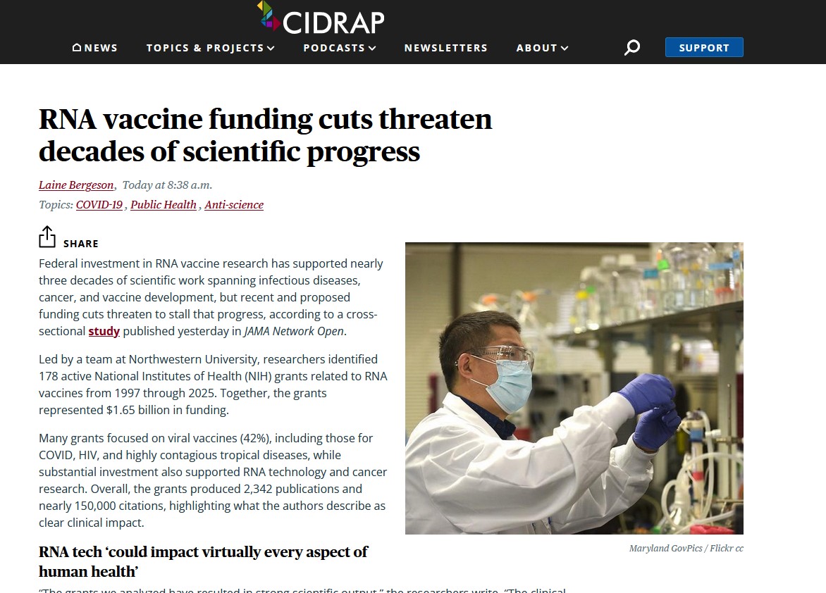 greg_folkers's tweet image. CIDRAP: RNA vaccine funding cuts threaten decades of scientific progress  

by Laine Bergeson   @CIDRAP 

bit.ly/4rLgGvL  #mRNA