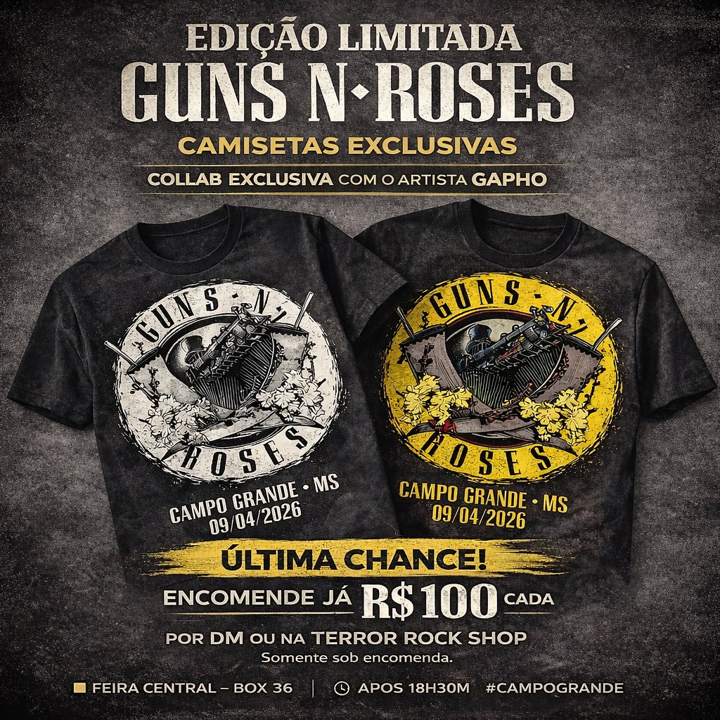 🔥 Collab histórica!
Terror Rock Shop + Gabriel Neves GAPHOMETT
Camiseta exclusiva do show do Guns N' Roses em CG/MS 🤘

👕 Colorida ou P&amp;B | 📏 Todos os tamanhos
💰 R$100
📩 DM ou loja (Feira Central, Box 36)

#GunsNRoses #RockMS #Collab