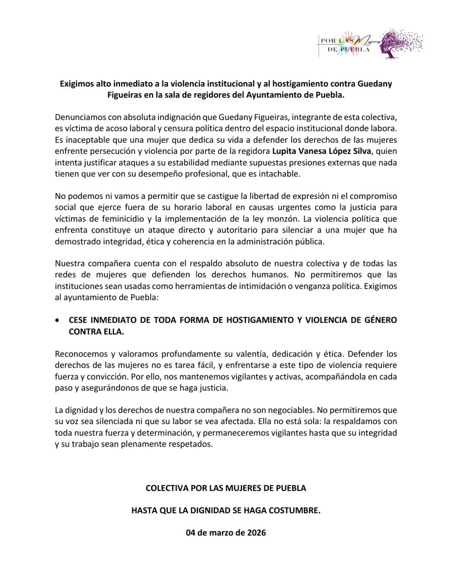 La colectiva Por Las Mujeres de Puebla se pronuncia contra la violencia de género, hostigamiento y acoso laboral contra la regidora <a href="/VanSilLop/">Vanesa López Silva</a> le pedimos a <a href="/RegidoresPue/">Regidoras y Regidores</a> de la comisión de igualdad tomen cartas en el asunto referido.
#JusticiaParaYali