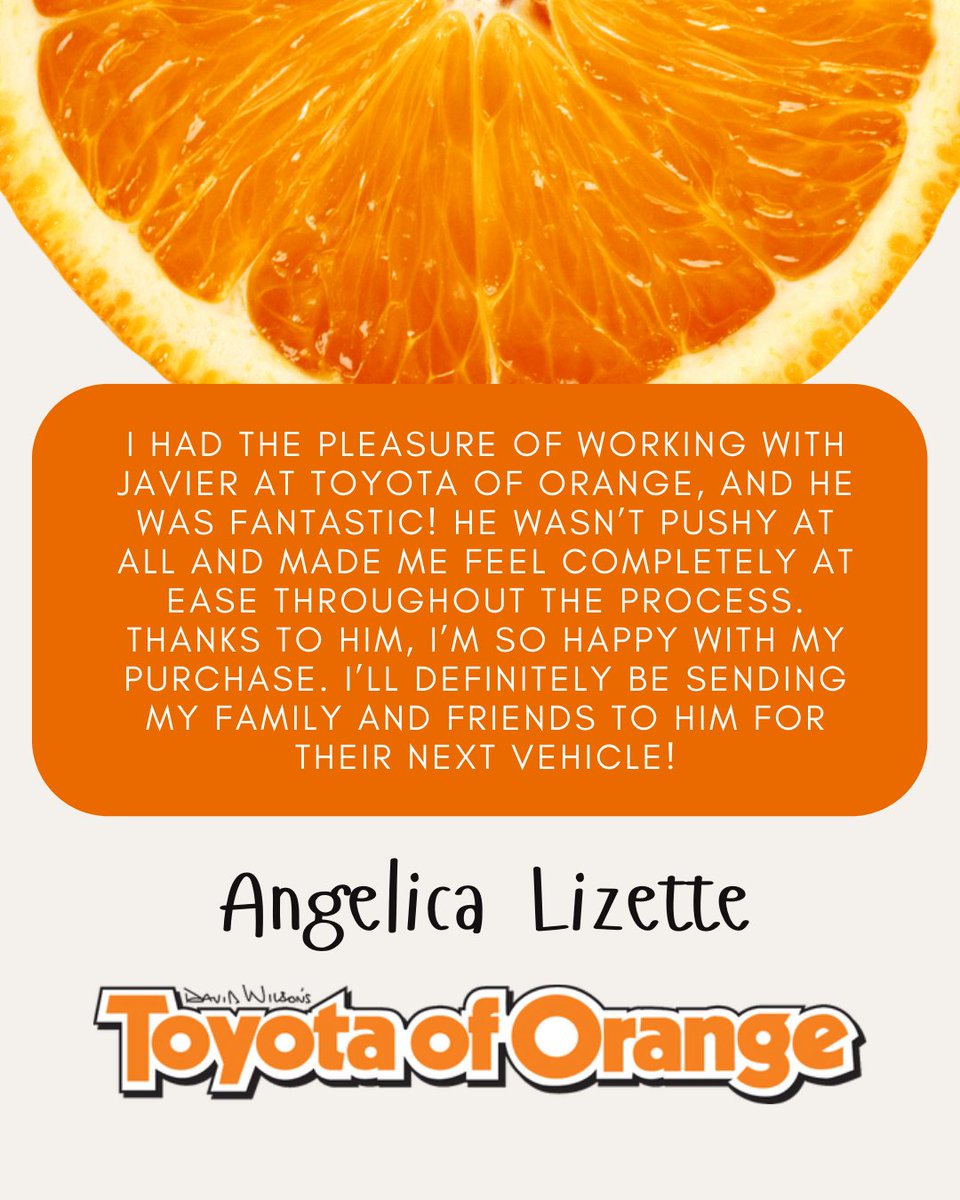 ToyotaOfOrange's tweet image. A huge thank you to Angelica for leaving a 5-star review for Toyota of Orange! ⭐⭐⭐⭐⭐

We’re truly grateful not only for your kind words, but also for recommending us to your loved ones. That kind of trust means everything to our team.

#CustomerAppreciation #ToyotaofOrange