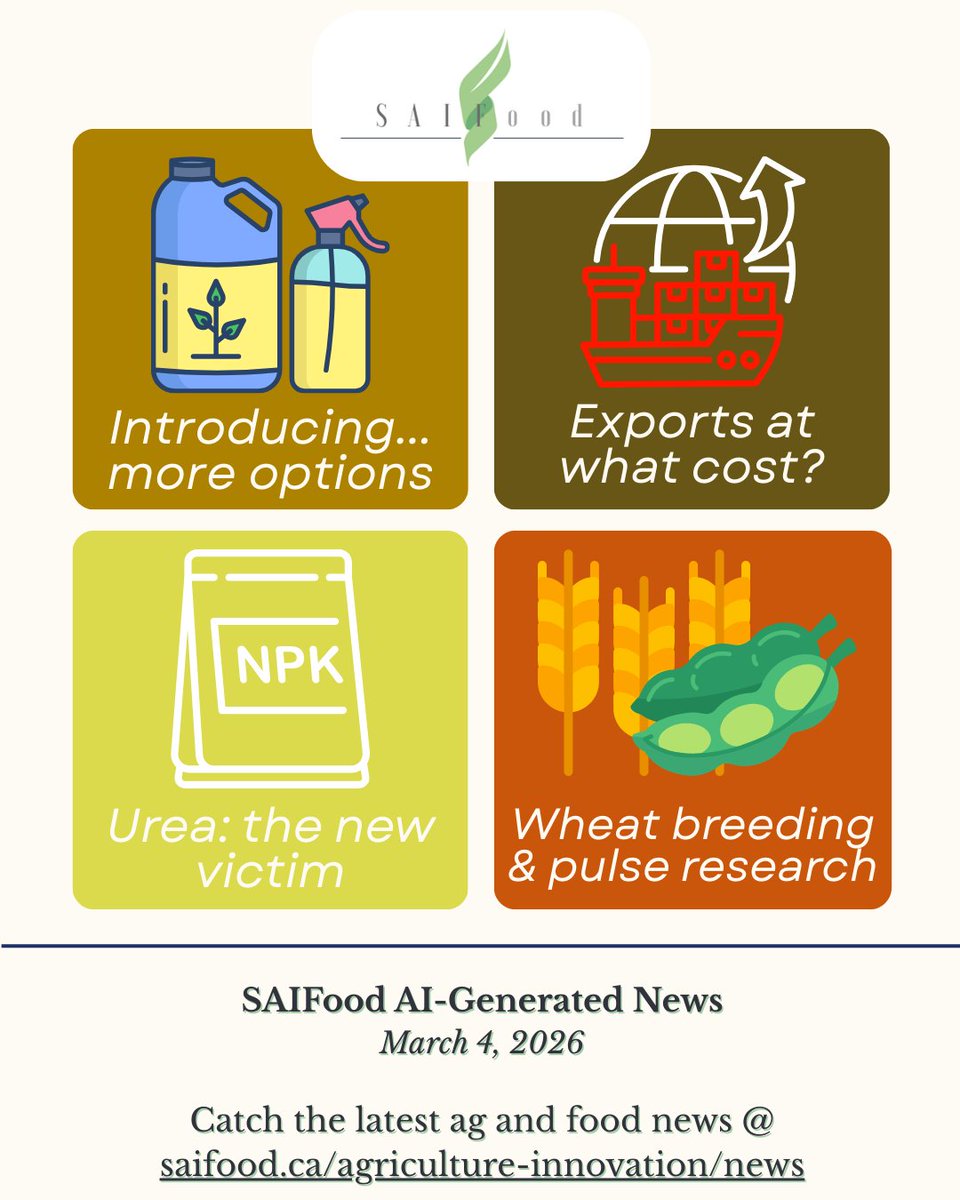 SAIFood_blog's tweet image. This week's #AIGeneratedNews:

🚀 Time to improve productivity
🌱 Ariveo in Western Canada
⚠️ What the Iran-Israel/US conflict means for urea
💰 Wheat breeding falls as we lift up pulses

Check it out 👉 saifood.ca/agriculture-in…