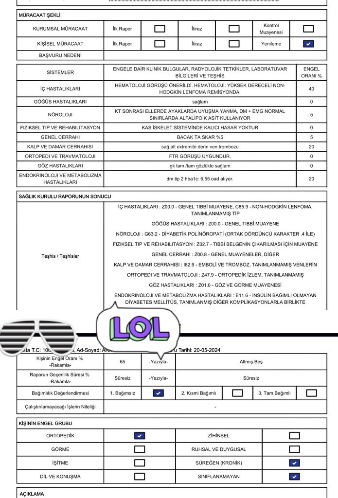 Başta lenfoma kanseri tedavisi gören biri olarak 100 de 65 sürekli engelli raporum olmasına rağmen maalesef 6.3 cezam onaylandı dua edin arkadaşlar