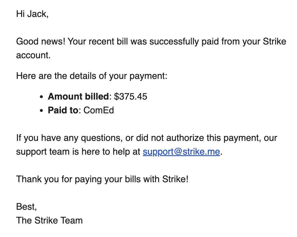 My electricity bill? Paid with <a href="/Strike/">Strike</a> using my Bitcoin line of credit.

All of my life expenses run through <a href="/Strike/">Strike</a>: Direct deposit, bill pay, and using my line of credit.

No sats sold. No fiat savings. More sats stacked.

Gresham’s Law: Spend (borrowed) fiat. Stack bitcoin.