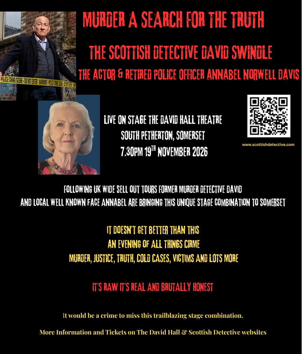 crimeexpertise's tweet photo. Murder a Search for The Truth is coming to  
@thedavidhallsp The David Hall Theatre, South Petherton #Somerset where I'll be sharing the stage with local well-known face Annabel Norwell -Davis
@davisannabel who brings an exciting dimension to The Show. Check out the very interesting Annabel - Former Met Police Officer, Actor & Voice Over Artist on https://t.co/Qy2zXcxKKr
November seems a long time away however there's going to be a lot of interest in this event so grab tickets via the The David Hall ticket link below before they start to go.
#TrueCrime #murders #justice #truth #victims 
https://t.co/s01FKw11hi