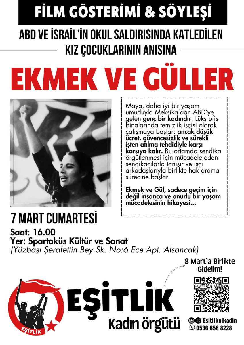 📌İzmir 
8 Mart'a giderken ilham verici bir hikayeyi birlikte izliyor ve kadın mücadelesinin güncel meselelerini konuşuyoruz. 

7 Mart Cumartesi
16.00
Yer: Spartaküs İzmir 
Herkesin katılımını açıktır @spartakussanat