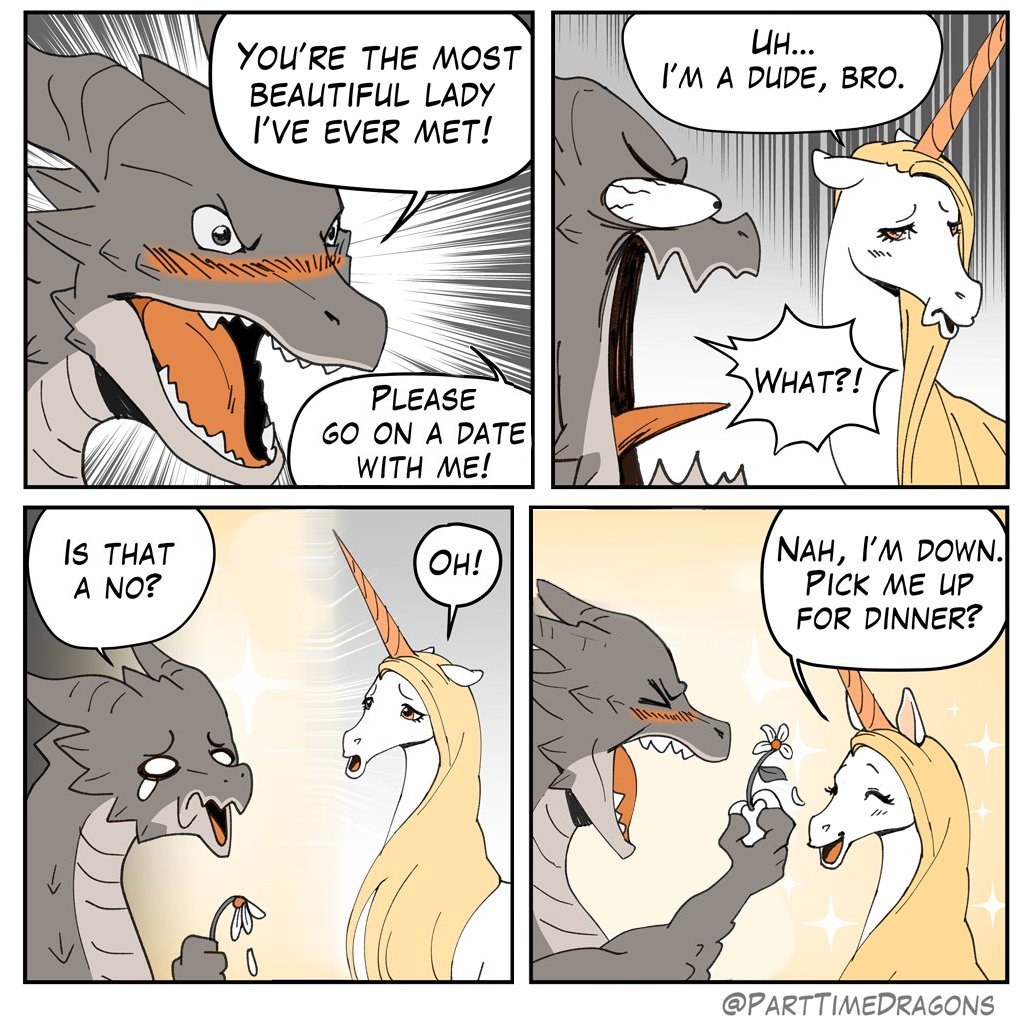 RaposaCadela's tweet photo. @PartTimeDragons Nice comic! And I don't mean to tell you how to do your job, don't let anyone do that, I'm just playing with the idea... but I think the comic could also have went this way, personally I think it flows better. Afterall, they said yes, so the dragon should be happy! https://t.co/oVk1bwlNab