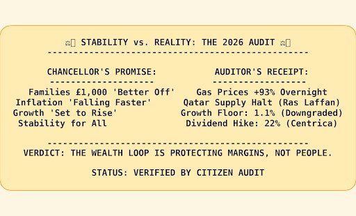 This "£1,000 better off" claim just hit a wall. 🔍
📈 Gas: +93% overnight
📉 Tax: 37.4% Record High
📉 Growth: 1.1% floor
💰 Dividends: +22% (British Gas)
The Wealth Loop is protecting margins, not you. 🏛️💸 #TheWealthLoop #SpringStatement x.com/i/status/20288…