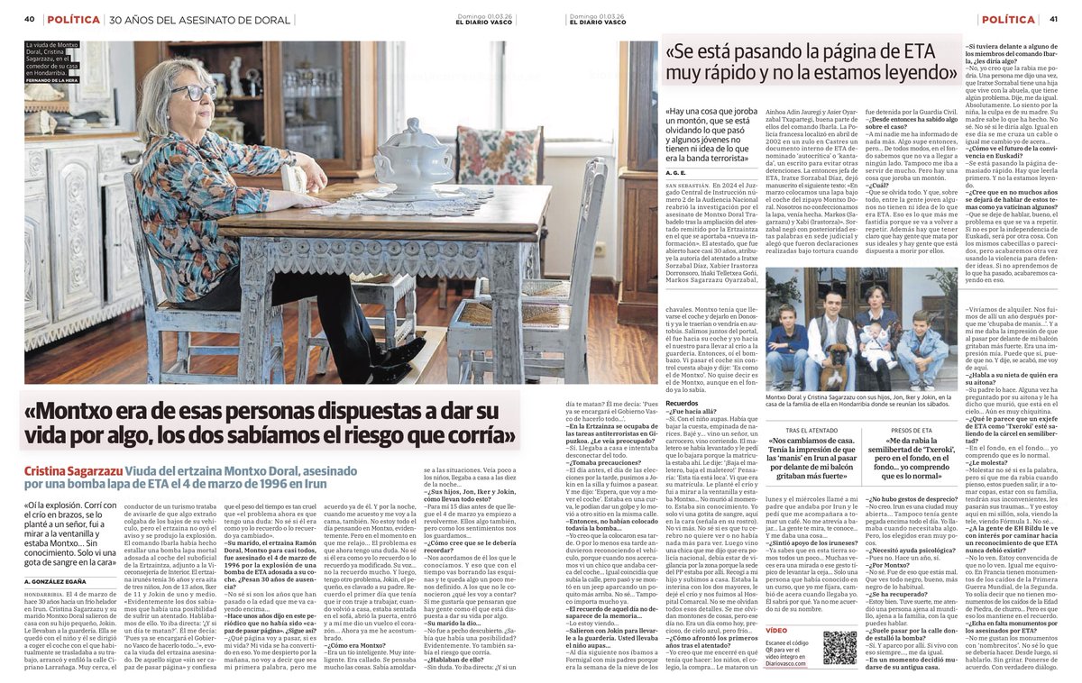 CovitePV's tweet image. #TalDíaComoHoy hace 30 años #ETA asesinó al ertzaina Montxo Doral en Irún.

Su viuda, Cristina Sagarzazu, ha dado su testimonio en @diariovasco: «Se está pasando la página del terrorismo de ETA muy rápido. Hay que leerla primero. Y no la estamos leyendo».

#Memoria