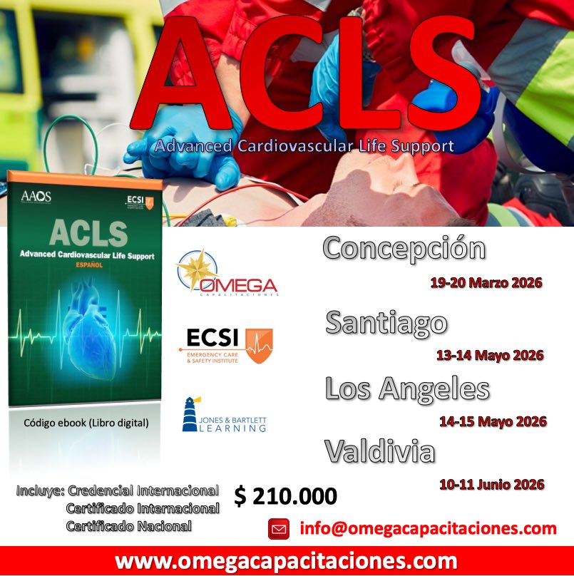 ACLS info@omegacapacitaciones.com
Concepción 19-20 Marzo 2026
Santiago 13-14 Mayo 2026 
Los Ángeles 14-15 Mayo 2026 
Valdivia 10-11 Junio 2026
$210.000
Credencial internacional 
#omegacapacitaciones #acls #ecsi #advancedcardiovascularlifesupport