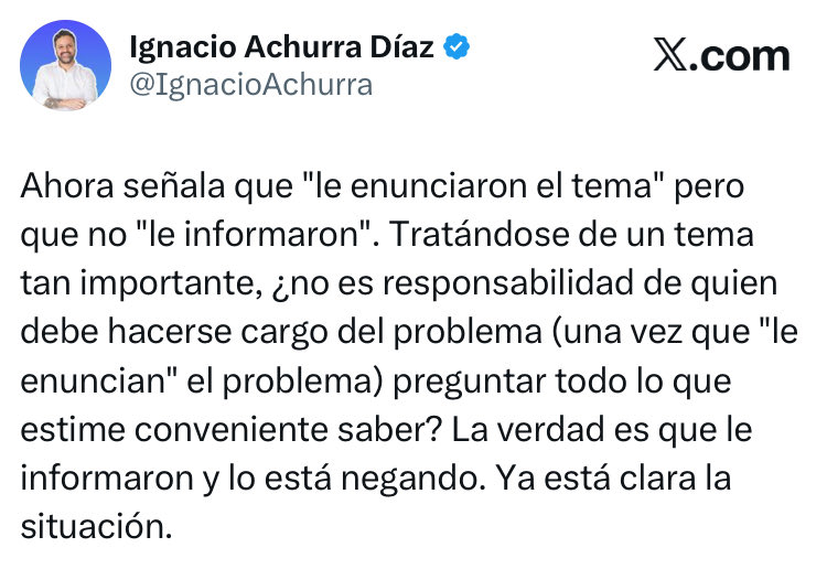 Argumento nivel Frente Amplio. Era deber del garzón del Ají Seco decirle a Monsalve que no siguiera chupando, era deber de la oposición advertir antes de saberse la operación que no se podía comprar la casa de Allende…
¿Cuando crestas van asumir una responsabilidad? Siempre la