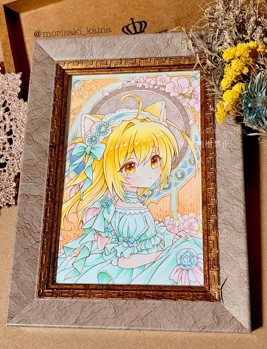 ハガキサイズ額装原画 ドレスの色迷いましたがミントグリーンにしてみ