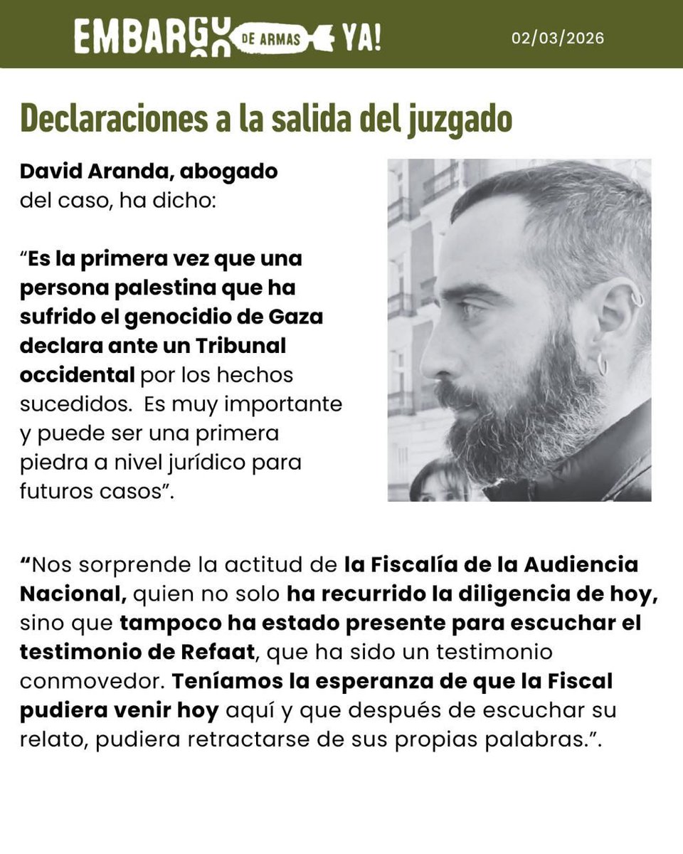 ⚖️🇵🇸 El caso Sidenor continúa y por primera vez un palestino superviviente del genocidio declara como víctima ante un tribunal español. Podemos estar ante el inicio del fin de la impunidad
 ¡Basta de complicidad con el genocidio!
¡¡Palestina libre YA!!